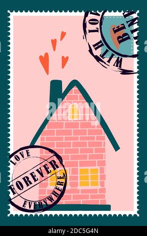 timbres-poste romantiques. enveloppes et cartes pour la saint-valentin. Vue de haut en bas. Illustration vectorielle moderne pour la conception et l'impression de sites Web. Timbres rétro. Co Illustration de Vecteur