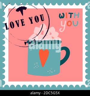 timbres-poste romantiques. enveloppes et cartes pour la saint-valentin. Vue de haut en bas. Illustration vectorielle moderne pour la conception et l'impression de sites Web. Timbres rétro. Co Illustration de Vecteur