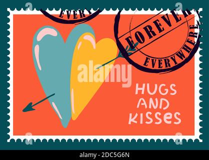 timbres-poste romantiques. enveloppes et cartes pour la saint-valentin. Vue de haut en bas. Illustration vectorielle moderne pour la conception et l'impression de sites Web. Timbres rétro. Co Illustration de Vecteur