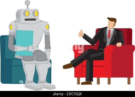 Boss félicite le robot pour avoir fait un bon travail. Décrit l'intelligence artificielle et l'automatisation prises en charge par les futurs travaux. Illustration de dessin animé vectoriel isolée. Illustration de Vecteur