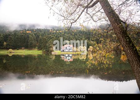 Maison en bois d'automne sur le lac à l'intérieur de la forêt dans le parc national de Bolu Golcuk, papier peint de Turquie Banque D'Images