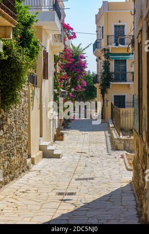 Vue sur la rue des maisons traditionnelles et un bougainvilliers coloré à Ermoupolis, île de Syros, Grèce Banque D'Images