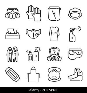 Icônes de ligne EPI. Équipements médicaux de protection Covid-19. Outline médecin robe, masque et écran facial, couvre-cheveux, tablier et lunettes de protection. Ensemble de vecteurs Illustration de Vecteur