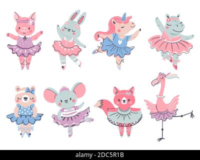 Ballets. Lapin, renard et licorne ballerine de style scandinave. Porc, ours, hippopotame et flamants roses en tutu. Ensemble de vecteurs mode pour fille Illustration de Vecteur