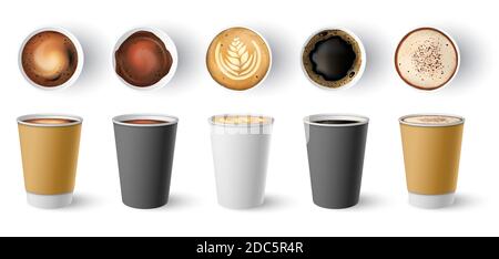 Tasse à café à emporter. Vue de dessus et de côté des tasses à cappuccino en papier. Crème chaude à l'américaine, espresso et latte dans un coffret à emporter en carton, coffret de maquette de scénario Illustration de Vecteur