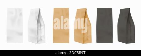 Maquette de sac en papier. Emballages blancs, noirs et bruns réalistes pour la farine, les biscuits ou le thé. Pochette à café, vue frontale et profil, ensemble vectoriel Illustration de Vecteur