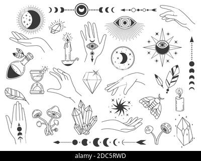 Éléments mystiques de boho. Sorcière magie vintage logos avec des cristaux, des mains, de la lune et des yeux. Définir le vecteur de conception de tatouage spirituel et ésotérique Illustration de Vecteur