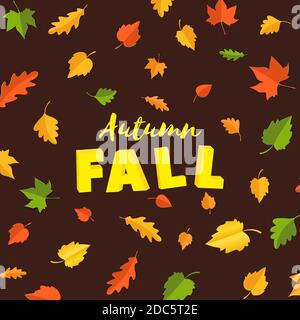 Texte automne composition d'AUTOMNE avec des feuilles vertes jaune rouge sur fond marron dans le style de coupe de papier. Feuilles d'automne 3d lettres réalistes pour l'affiche de conception Illustration de Vecteur