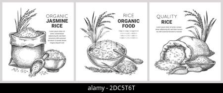 Étiquette de riz tirée à la main. Croquis rétro de grains de céréales biologiques dans le sac et le bol. Ferme basmati et riz jasmin sauvage. Concept de farines vectorielles Illustration de Vecteur