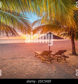 Belle plage. Chaises sur la plage de sable près de la mer. Vacances d'été et concept de vacances pour le tourisme. Paysage tropical inspirant. Tranquille Banque D'Images