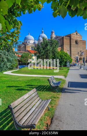 Vue sur la basilique Santa Giustina entourée d'arbres et de bancs de parc, Padoue, Vénétie, Italie Banque D'Images