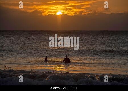 Langland Bay, Swansea, Royaume-Uni. 19 novembre 2020. Nageurs appréciant l'eau à Langland Bay près de Swansea ce matin alors que le soleil commence à s'élever sur la ligne d'horizon. Credit: Phil Rees/Alamy Live News Banque D'Images