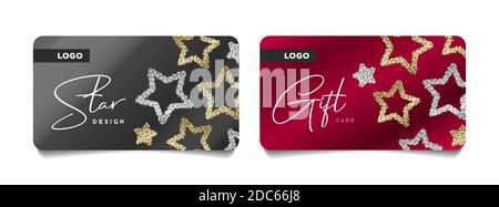 Ensemble de cartes de vœux pour Noël et le nouvel an avec illustration des étoiles dorées et argentées brillantes, disposition des bons cadeaux Illustration de Vecteur