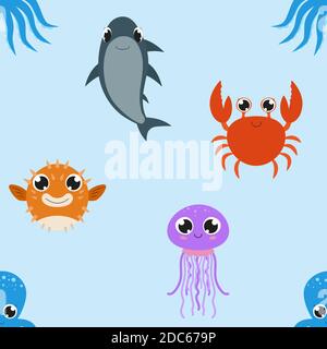Motif d'animaux marins sans couture. Arrière-plan de dessin animé vectoriel. Personnages sous-marins mignons. Conception plate. Illustration de Vecteur