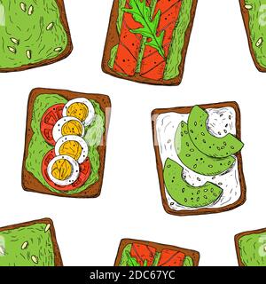 Motif de toasts d'avocat sans couture. Arrière-plan de dessin animé vectoriel. Style dessiné à la main. Illustration de Vecteur