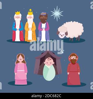 nativité, famille de personnages et sage rois manger dessin animé illustration vectorielle Illustration de Vecteur