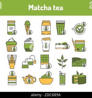 Jeu d'icônes de la gamme de couleurs de thé Matcha. Pictogrammes pour la page Web, l'application mobile, la promotion. Élément de conception UI UX GUI. Contour modifiable. Illustration de Vecteur