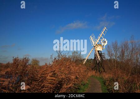 Une vue du sentier permissif sur la rive est de la rivière Ant approchant le moulin de drainage de Boardman à How Hill, Norfrolk, Angleterre, Royaume-Uni. Banque D'Images