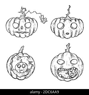 Citrouilles d'Halloween. Jack'O'lanternes. Objets isolés sur un blanc. Illustrations vectorielles. Dessiné à la main. Illustration de Vecteur