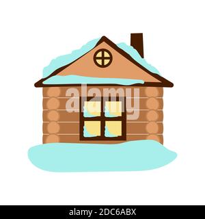 Maison avec de la neige sur un toit. Illustration de dessin animé vectoriel. Objet isolé sur blanc. Conception plate. Illustration de Vecteur