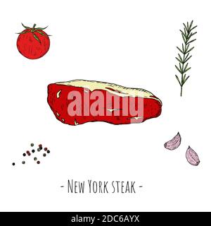 Bifteck de New York. Illustration de dessin animé vectoriel. Objet isolé sur fond blanc. Style dessiné à la main. Illustration de Vecteur