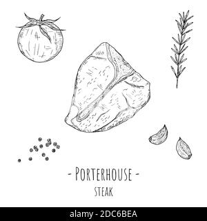 Steak de Porterhouse. Illustration de dessin animé vectoriel. Objet isolé sur fond blanc. Style dessiné à la main. Illustration de Vecteur