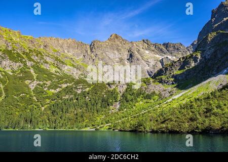 Lower Rysy - Niznie Rysy - et Rysy pics s'élevant au-dessus des lacs Czarny Staw pod Rysami et Morskie Oko dans les montagnes Tatra en Pologne Banque D'Images