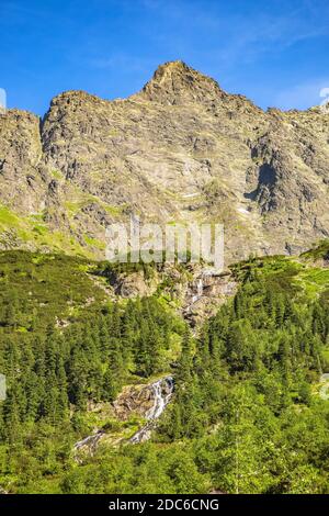 Lower Rysy - Niznie Rysy - et Rysy pics s'élevant au-dessus de Czarny Staw pod Rysami, Black Pond au-dessous de Rysy, dans les montagnes Tatra en Pologne Banque D'Images