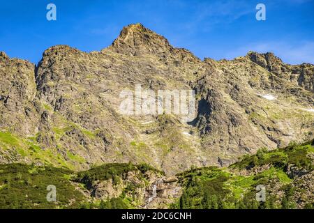 Lower Rysy - Niznie Rysy - et Rysy pics s'élevant au-dessus de Czarny Staw pod Rysami, Black Pond au-dessous de Rysy, dans les montagnes Tatra en Pologne Banque D'Images