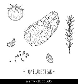 Steak de la lame supérieure. Illustration de dessin animé vectoriel. Objet isolé sur fond blanc. Style dessiné à la main. Illustration de Vecteur