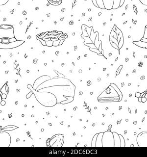 Motif transparent des illustrations du jour de Thanksgiving. Arrière-plan de dessin animé vectoriel. Style dessiné à la main. Illustration de Vecteur