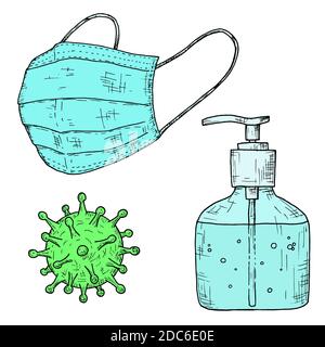 Protections contre les coronavirus. Masque médical et assainisseur. Illustrations vectorielles. Objets isolés sur fond blanc. Style dessiné à la main. Illustration de Vecteur