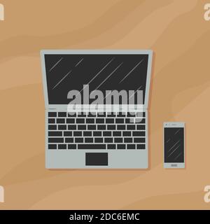 Ordinateur portable et smartphone. Lieu de travail. Vue de dessus. Objets isolés. Illustration de Vecteur