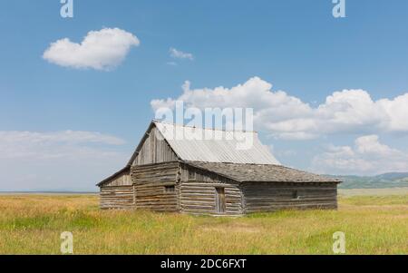 Abandonné ferme de colons au milieu de la vaste prairie sous ciel bleu vif et nuages en été près de Jackson, Wyoming, États-Unis. Banque D'Images