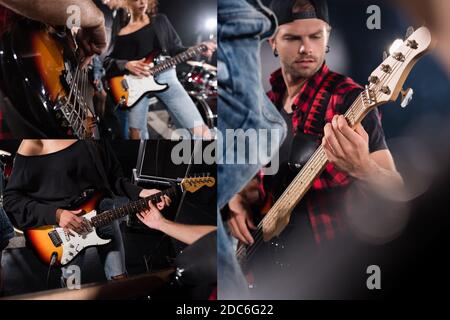 KIEV, UKRAINE - 25 AOÛT 2020: Collage de musiciens jouant des guitares électriques pendant la répétition du groupe rock Banque D'Images