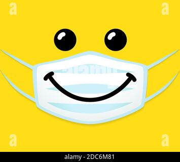 Émotiji sourire visage avec masque protecteur de bouche. Émoticone plat sourire icône dans un masque chirurgical blanc. Illustration vectorielle de la distance sociale en jaune Illustration de Vecteur