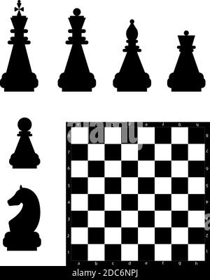 Silhouettes vectorielles modifiables à partir d'un ensemble de pièces d'échecs standard et d'un échiquier. Illustration de Vecteur