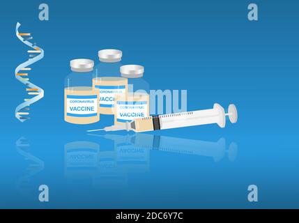 Concepts de messager ou de vaccin ARNm pour la protection contre la pandémie du coronavirus. Illustration d'une seringue avec aiguille, flacons de vaccin pour la vaccination. Illustration de Vecteur