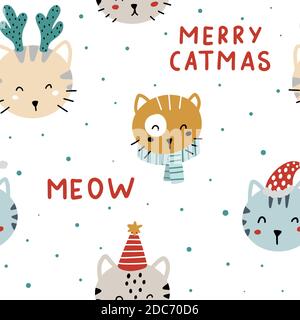 Joli motif sans couture de Noël avec de jolis chats colorés dessinés à la main et des lettres. Illustration de vecteur de camas joyeux. Illustration de Vecteur