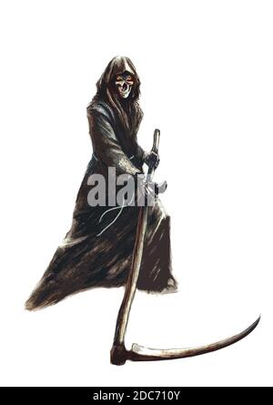 sombre reaper dans un capot avec un scythe, sur un fond blanc - illustration fantaisie, personnage fictif Banque D'Images