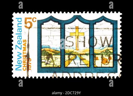 Nouvelle-Zélande - vers 1975 : timbre-poste annulé imprimé par la Nouvelle-Zélande, qui célèbre Noël, vers 1975. Banque D'Images