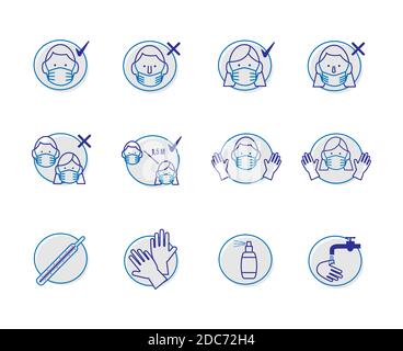 Un ensemble simple d'icônes linéaires vectorielles associées aux instructions d'innocuité pendant une pandémie de coronavirus. Illustration de Vecteur