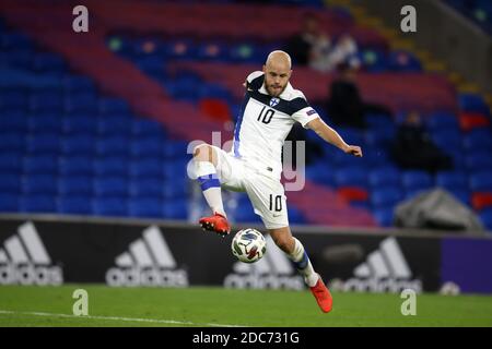 Cardiff, Royaume-Uni. 18 novembre 2020. Teemu Pukki de Finlande en action. Ligue des Nations de l'UEFA, match du groupe H, pays de Galles contre Finlande, au stade de Cardiff, dans le sud du pays de Galles, le mercredi 18 novembre 2020. Usage éditorial seulement. photo par Andrew Orchard/Andrew Orchard sports Photography/Alay Live News crédit: Andrew Orchard sports Photography/Alay Live News Banque D'Images