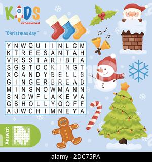 Recherche de mots facile mots croisés puzzle "jour de Noël", pour les enfants à l'école primaire, primaire et moyenne. Moyen amusant de pratiquer la compréhension du langage a Illustration de Vecteur