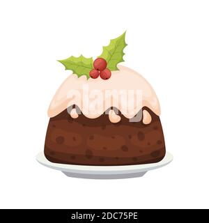 Dessin animé traditionnel pudding de Noël avec houx. Illustration vectorielle Illustration de Vecteur