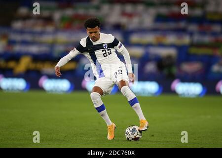 Cardiff, Royaume-Uni. 18 novembre 2020. Nicholas Hamalainen de Finlande en action.Ligue des Nations de l'UEFA, groupe H Match, pays de Galles contre Finlande au stade de Cardiff à Cardiff, pays de Galles du Sud, le mercredi 18 novembre 2020. Usage éditorial seulement. photo par Andrew Orchard/Andrew Orchard sports Photography/Alay Live News crédit: Andrew Orchard sports Photography/Alay Live News Banque D'Images