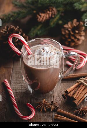 Verre de chocolat chaud avec canne à sucre et fouettée crème sur une table rustique en bois Banque D'Images