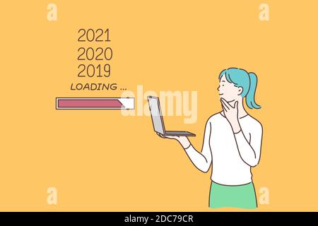 2020 nouvel an en attente, 2019 barre de chargement, planification pour l'avenir, concept de flux temporel. Fille tenant un ordinateur portable dans les mains et la pensée, femme analysant l'année dernière, Illustration de Vecteur