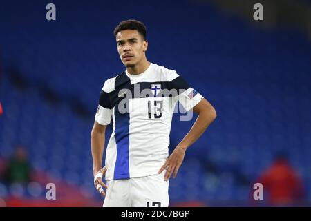 Cardiff, Royaume-Uni. 18 novembre 2020. Pyry Soiri, de Finlande, regarde. Ligue des Nations de l'UEFA, match du groupe H, pays de Galles contre Finlande, au stade de Cardiff, dans le sud du pays de Galles, le mercredi 18 novembre 2020. Usage éditorial seulement. photo par Andrew Orchard/Andrew Orchard sports Photography/Alay Live News crédit: Andrew Orchard sports Photography/Alay Live News Banque D'Images