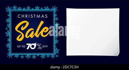 Solde de Noël élégant jusqu'à 70 % de rabais sur les affiches bleues. Modèle de motif solde de Noël avec texte jusqu'à 70 % de réduction sur le cadre en flocons de neige sur un bg bleu marine Illustration de Vecteur
